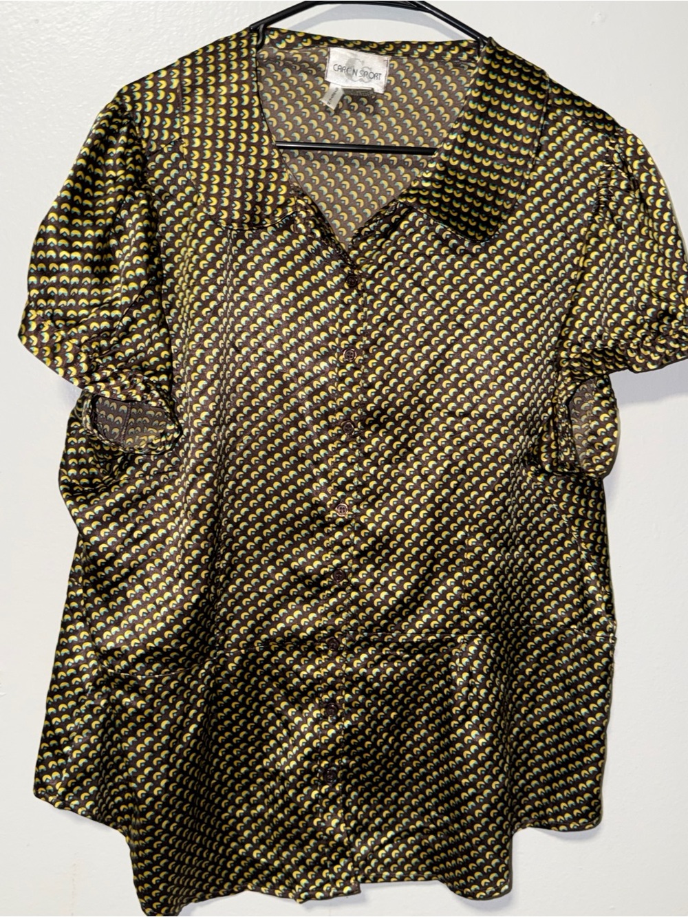 Crown Sport Silk-Look Printed Button Front Top in Black & Gold